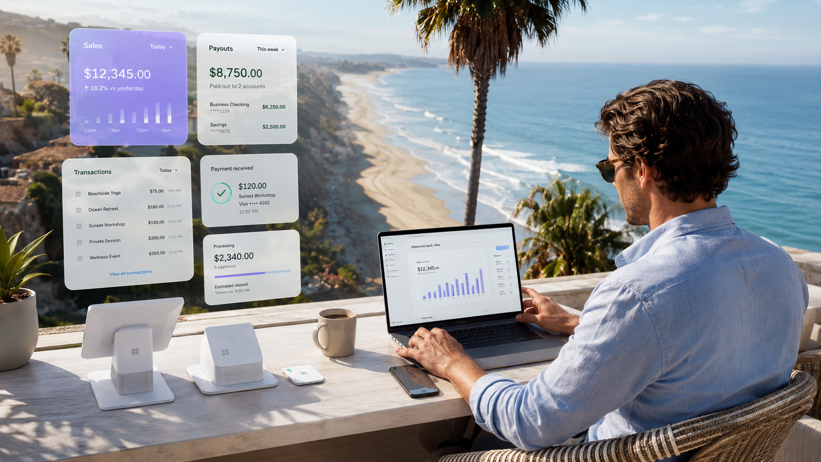 Coastal workspace with floating dashboards