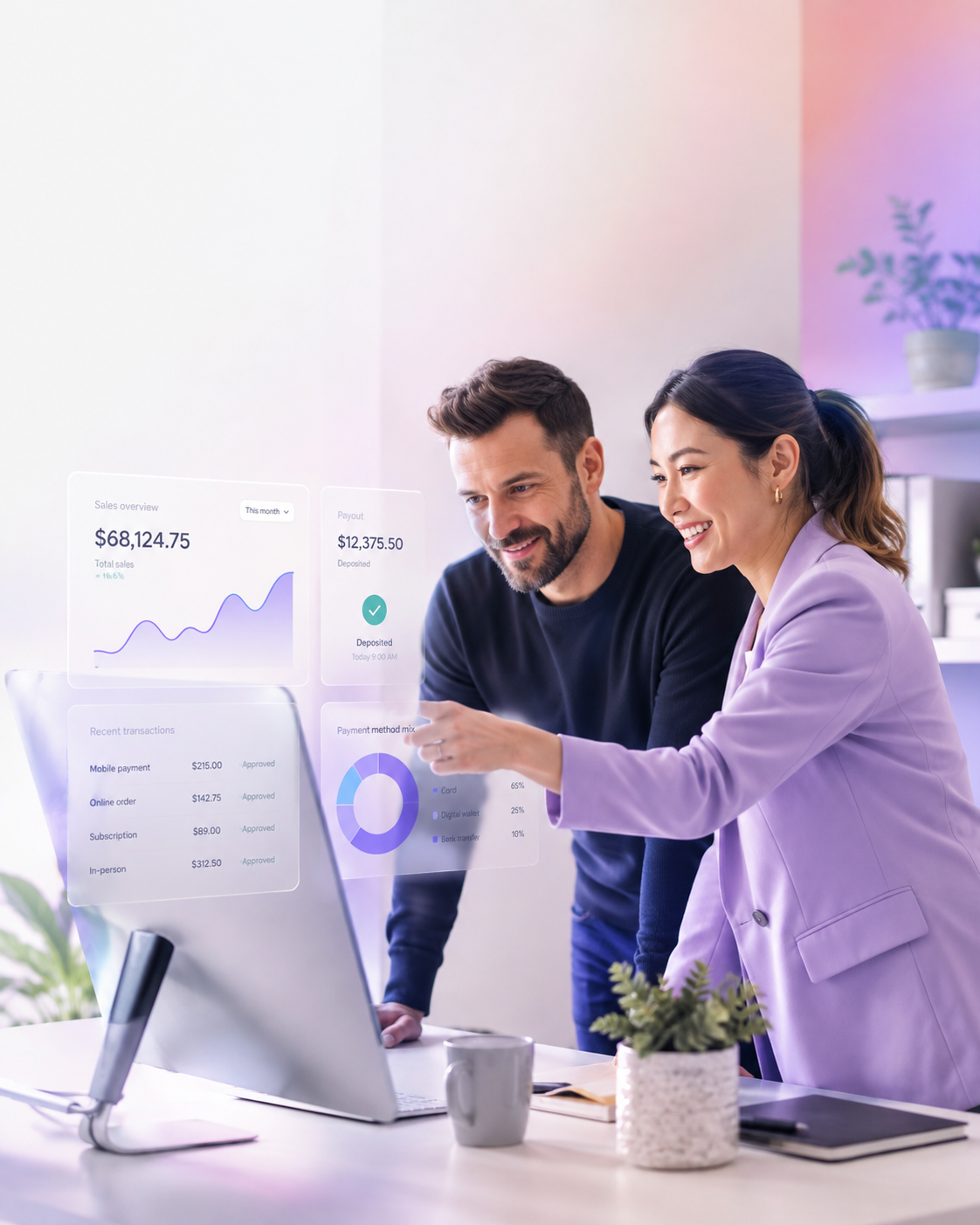 Business owner and specialist reviewing a dashboard